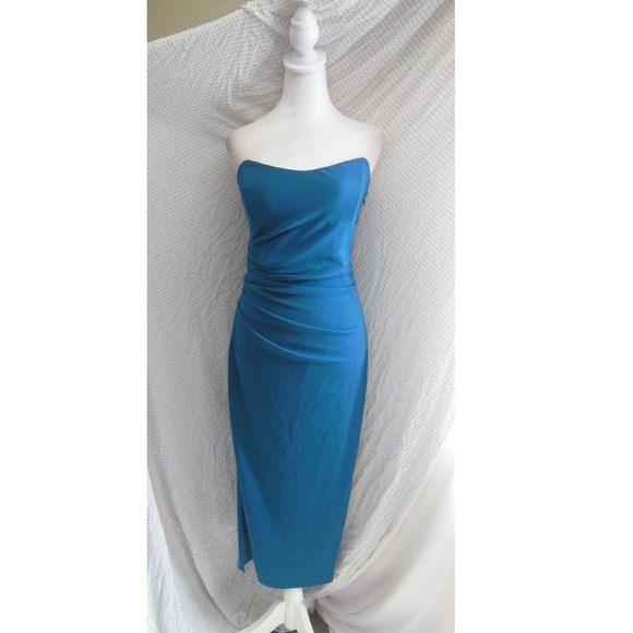 NWT Katie May DARK TEAL Ashun STRAPLESS Ruched Back CUTOUT Slit MIDI DRESS M - Picture 2 of 8